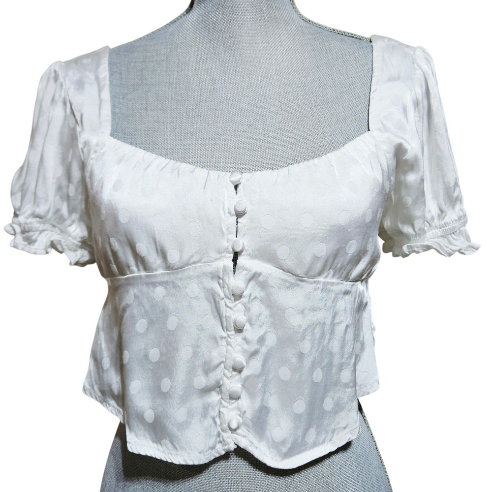 Women's White Polka Dot Button Front Milkmaid Boho Crop Top Small Fairycore